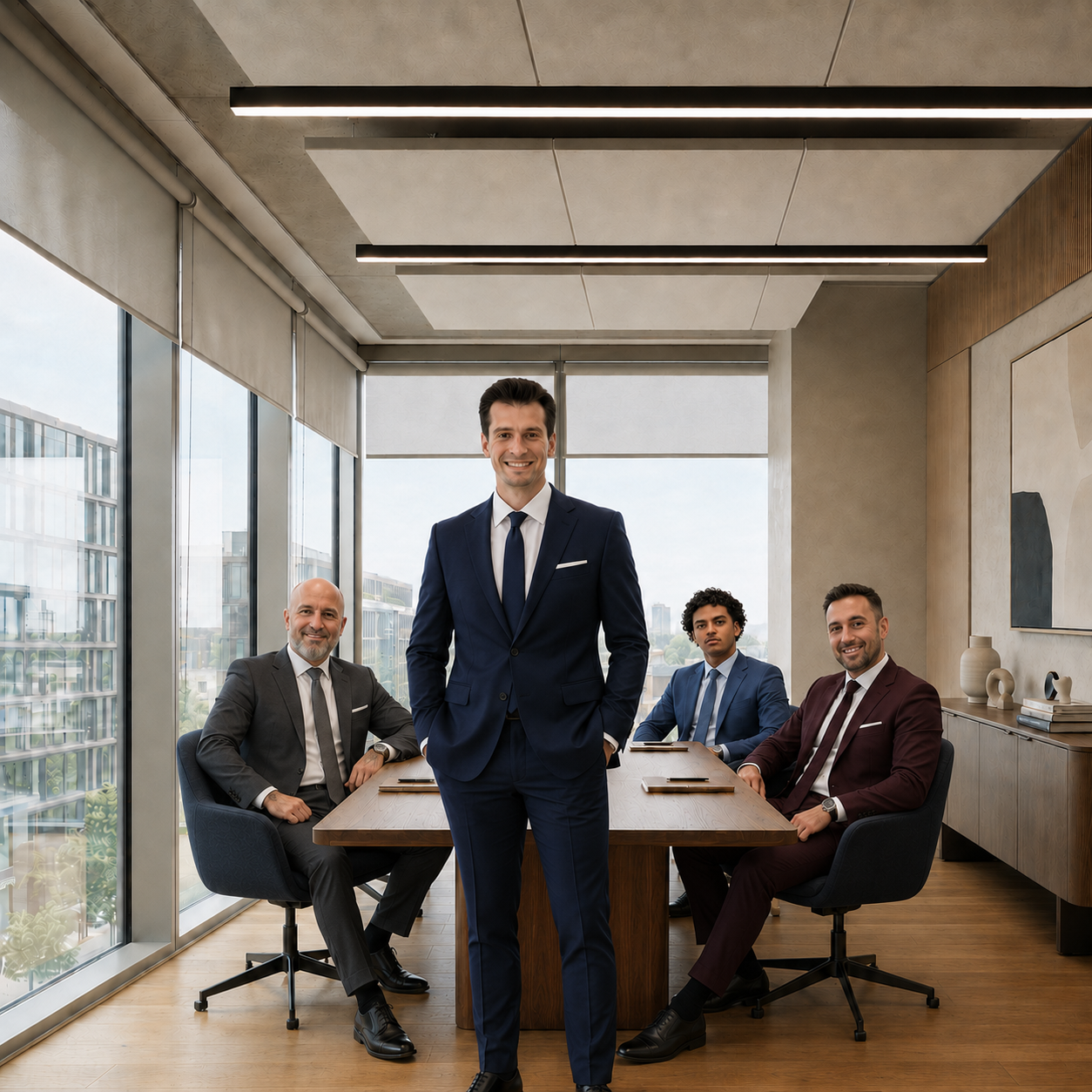 Sanagi Inc. advisory team in a modern boardroom overlooking the city skyline